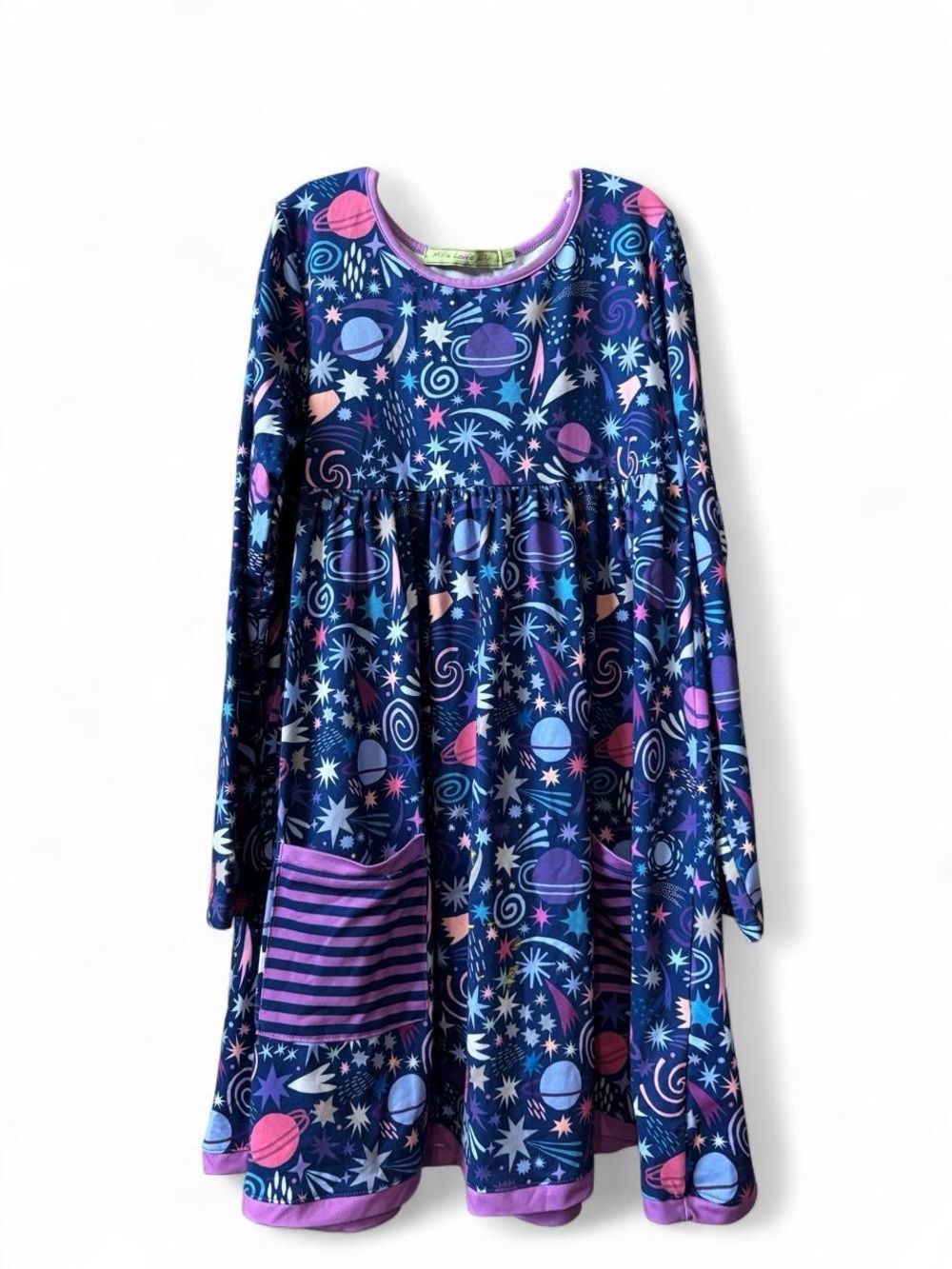 Girls' Space Print Long Sleeve Dress in Navy & Purple